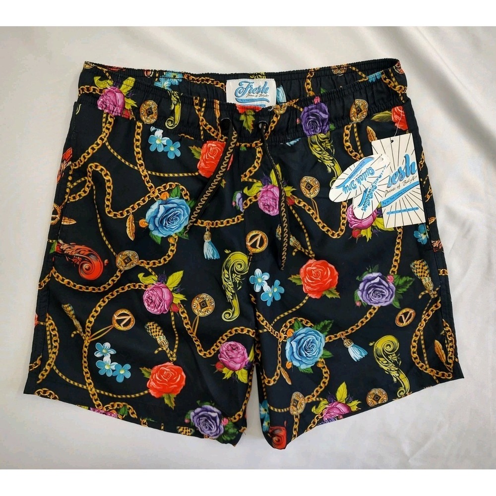 NWT Fresh Prints of Bel Air Swim Trunks Swimsuit Short Black 90's Style Print  S